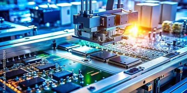 Fototapeta Bokeh Effect on a High-Tech SMT Production Line Showcasing Surface Mount Technology with a Focus on Pick and Place Machines in Electronics Manufacturing Services