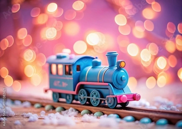 Fototapeta A Vibrant Blue Toy Train on a Soft Pink Background, Perfect for Children's Playtime and Colorful Decor, Capturing the Joy of Childhood Imagination and Creativity