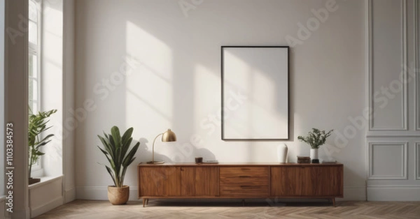Fototapeta Mockup room for poster or painting in simple modern interior, Photo Frame Mockup, Light colors
