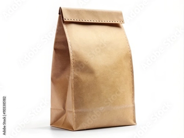 Fototapeta Brown Craft Paper Tall Bag with Peas Packaging Template Featuring Stitch Sewing Isolated on White Background - Standup Front View Mockup with Clipping Path Included for Design Use