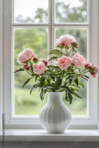 Obraz Beautiful arrangement of pink peonies in a white ceramic vase on a windowsill with a scenic view of greenery in the background, creating a serene atmosphere