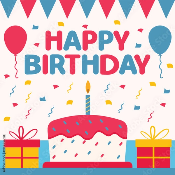 Fototapeta Happy birthday vector design with cake, balloons, confetti, gifts, small decorative flags and bold greeting text. Birthday vector illustration. Birthday greeting design.