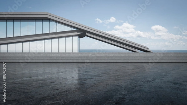 Fototapeta Abstract building with empty parking, concrete floor, and sea view. 3D rendering car scene background.