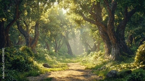 Obraz Sunlit Path Through a Lush Green Forest