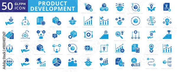 Fototapeta Product development icon set of initiative, new, business, building, concept, finance, success, innovation, delivery, idea, teamwork, strategy, engineering, management, research, market, profit, agile