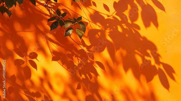 Fototapeta Shadow of leaf tree on orange background. Sun day. Overlay, copy space.