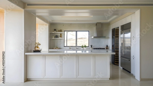Obraz White home kitchen interior with bar island and cabinet, window. Mock up poster