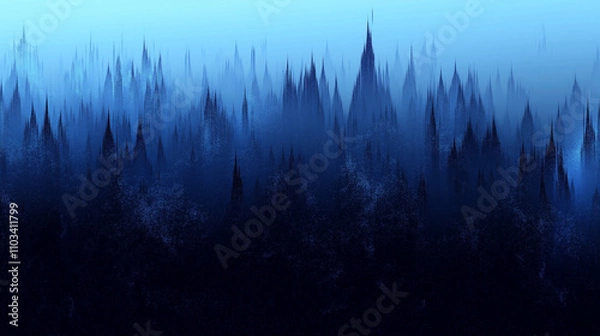 Fototapeta Landscape view of pine forest with mist on blue background