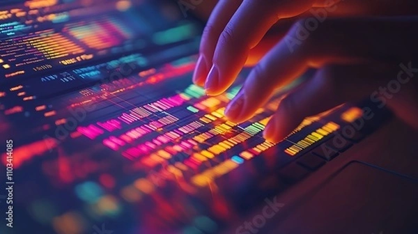 Fototapeta Close-up of fingers selecting a range of cells in a vibrant spreadsheet, colorful rows and highlighted data grids displayed on a sleek laptop, organized workspace illuminated by warm light,