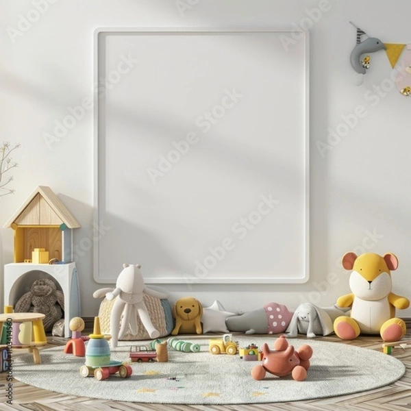 Fototapeta mock up white big photo frame in children playing room