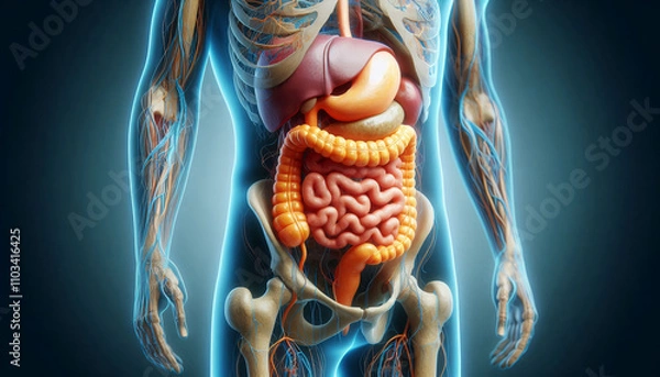 Fototapeta A 3D model of the human abdomen focusing on the digestive tract, with the stomach, colon, and pancreas rendered in high detail for medical education.