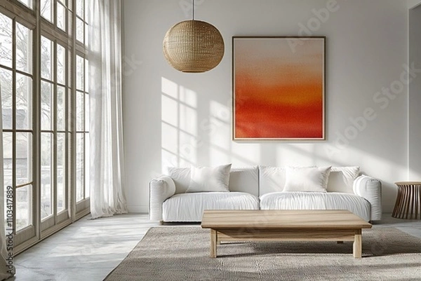 Fototapeta A modern living room with a combination of minimalist, white sofa and japandi interior design with pendant lighting. Generative AI
