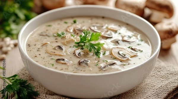 Obraz Simple mushroom soup in a white bowl