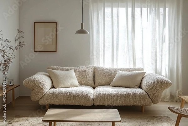 Obraz A living room photo of a japandi interior with a boucle sofa and a Scandinavian interior combination. Generative AI
