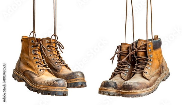 Fototapeta Pair of Worn Leather Work Boots with Laces Hanging for Rugged Style, cutout, isolated on white background