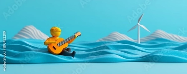 Fototapeta A playful figure plays guitar on waves with wind turbines in a vibrant blue scene.