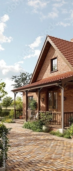 Fototapeta Red brick house with a sloping roof and a covered porch, architecture, sloping roof, nostalgic, red brick