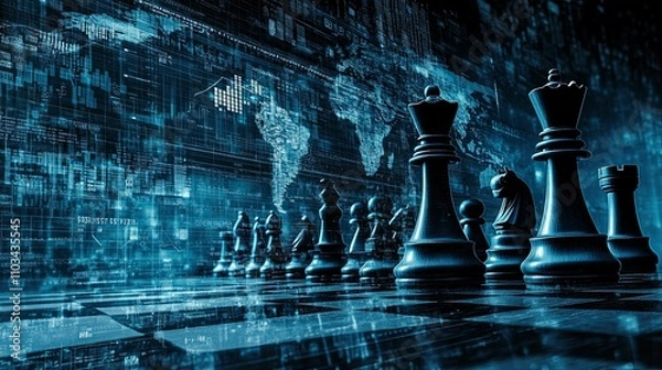 Fototapeta Chess Pieces Strategically Positioned Against Digital World Map