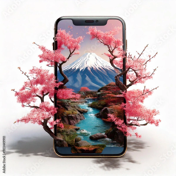 Obraz 富士山と桜の3Dイラスト | スマホから飛び出す春