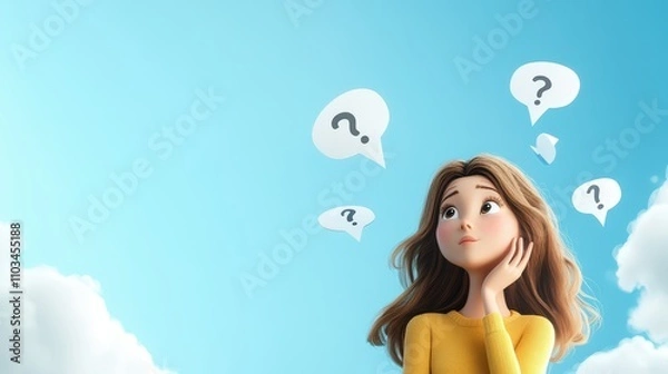 Fototapeta A young woman looking up thoughtfully with question marks and blank speech bubbles floating around her, conveying the concept of curiosity, pondering ideas, and decision-making.