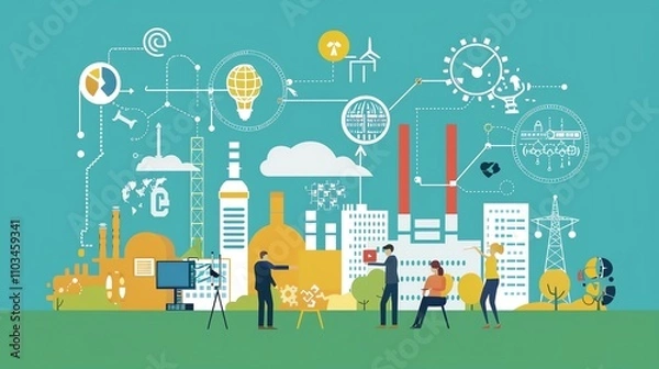 Fototapeta A colorful illustration depicting a group of people working together in a futuristic cityscape.