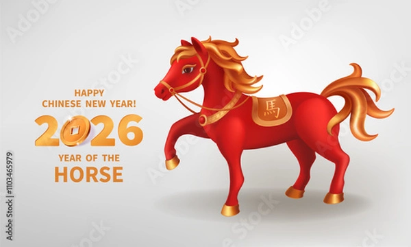 Fototapeta Red Fire Horse is a symbol of the 2026 Chinese New Year. Realistic 3d figure of red-golden Horse on a white background. Holiday vector illustration of Zodiac Sign. Chinese translation Horse