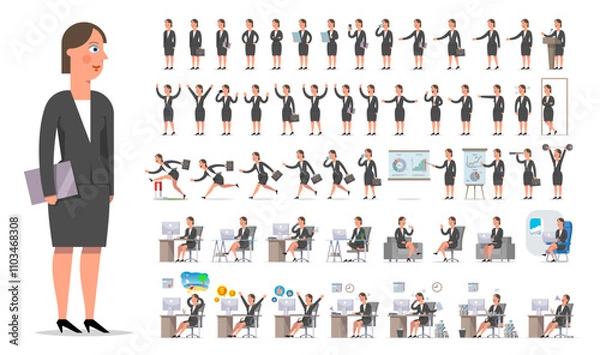 Fototapeta Businesswoman or manager character creation big set. Different views, gestures, emotions.