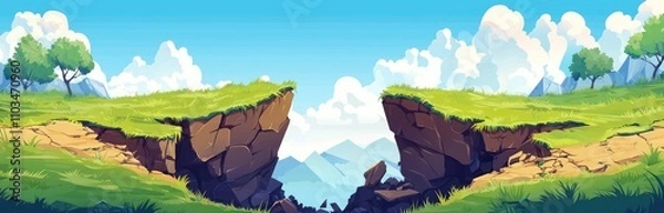 Obraz A Scenic View of a Gap Between Two Cliffs with Green Grass and Blue Sky