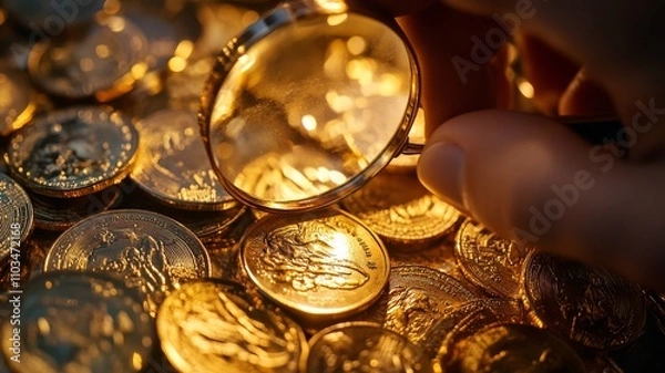Fototapeta A person is holding a magnifying glass over a pile of gold coins. The coins are shiny and appear to be valuable