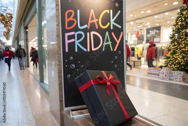Fototapeta Black Friday Sale Board with Mini Shopping Cart, Star Confetti, and Festive Sale Tags on Red Background