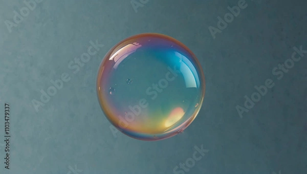 Fototapeta Floating Bubble: A single translucent soap bubble with a pastel iridescence, suspended against a pale blue background for a dreamy effect. Copy space.