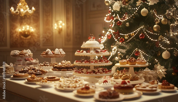 Fototapeta A festive Christmas dessert table with various treats, including cakes and pastries, arranged in front of an elegant tree decorated for the holiday season. (2)