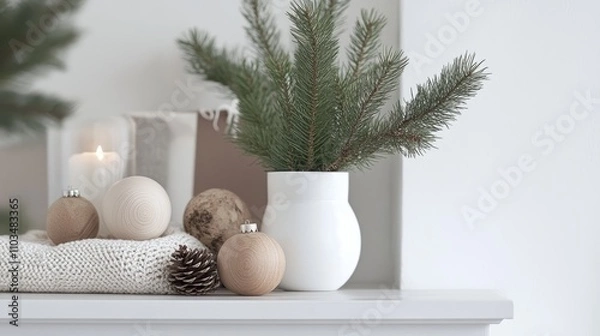 Obraz A simple Scandinavian Christmas display with pine branches in a sleek white vase, natural wooden ornaments, and a subtle touch of festive warmth.