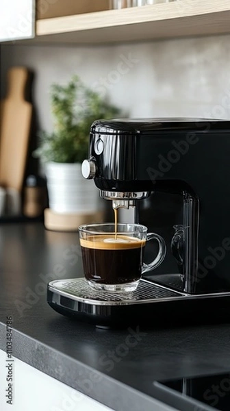 Obraz Black Coffee Machine Making Espresso in a Glass Cup