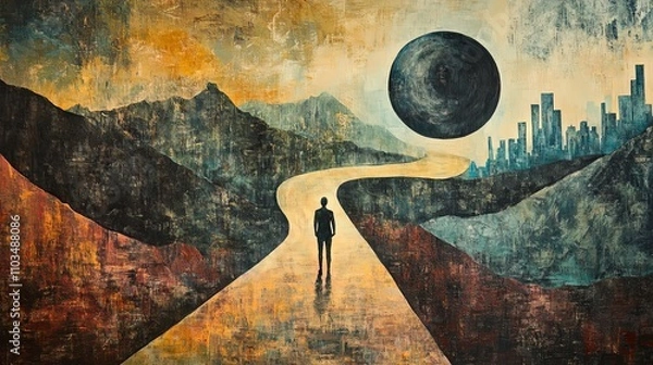 Obraz Surreal Landscape with Cityscape and Figure on a Path