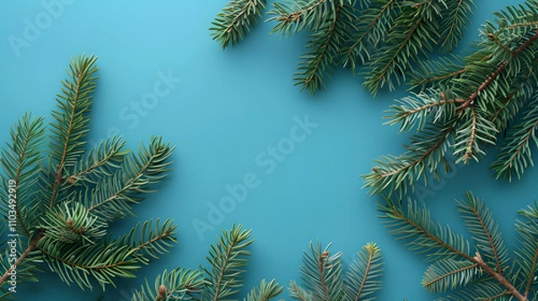 Fototapeta Fir tree branches on blue backgrund. Top view. Template for design. Christmas minimal concept.