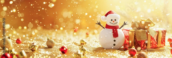 Fototapeta Festive snowman surrounded by sparkling decorations and Christmas gifts in a winter wonderland. Banner, copy space