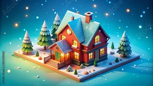 Fototapeta Colorful Scandinavian Nordic House in a Snowy Village During Winter Holidays - A 3D Isometric Illustration of a Cozy Winter Scene with Falling Snowflakes and a Serene Atmosphere