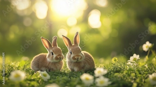 Fototapeta Two adorable brown rabbits sitting together in spring meadow with daisies at golden hour. Soft bokeh background creates dreamy nature scene perfect for Easter or spring themes. 8k
