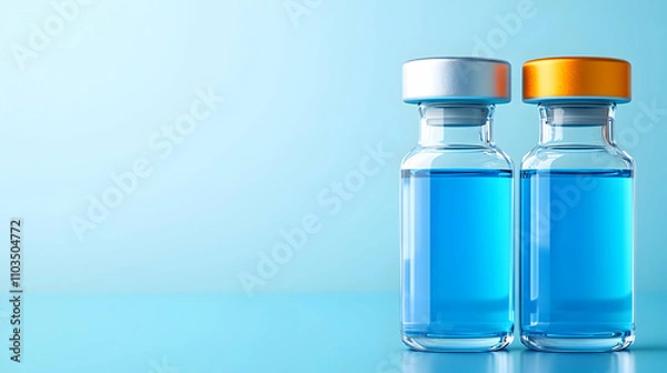 Fototapeta Glass vials with colorful lids containing blue liquid on a table
