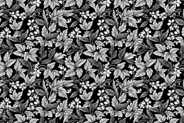 Fototapeta Toile pattern tapestry. Arts and crafts. Monochrome botanical pattern background. Created with Generative AI technology