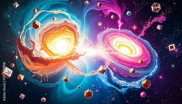 Fototapeta 3D abstract space scene showcasing a cosmic collision of two galaxies. Use bright swirling colors like teal magenta and gold to depict the explosive interaction.
