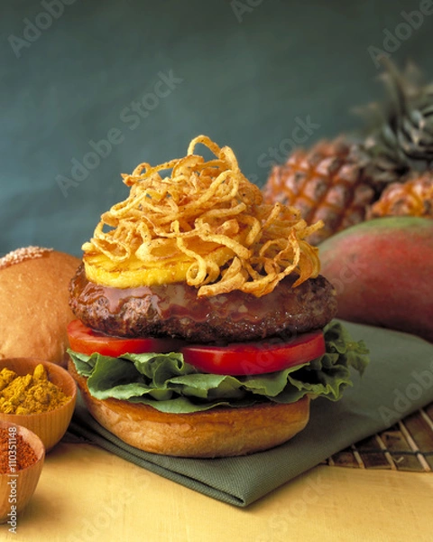 Obraz Hamburger with pineapple and crispy onion