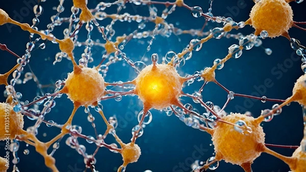 Fototapeta Digital abstract art of nanostructure network, glowing organic molecules, hydrocarbon, alkane, alkene, alkyne, nucleic acid. Glucose is involved in photosynthesis, gluconeogenesis, sugar and starch