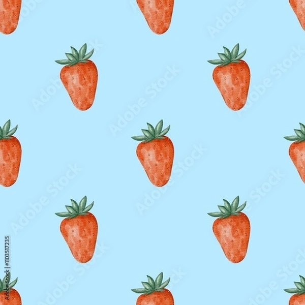 Fototapeta Pattern with strawberries for fabric print, seamless patterns, fabric patterns, fruits print, strawberry pattern, romantic pattern, hearts, valentine day pattern, sweet patterns