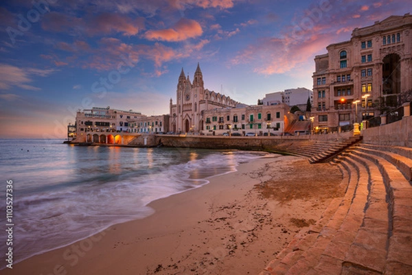 Obraz St. Julian's, Malta. Cityscape image of seaside town St. Julian's, Malta at beautiful sunrise.