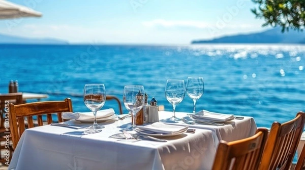 Fototapeta Scenic outdoor dining setup by the sea with beautiful views.