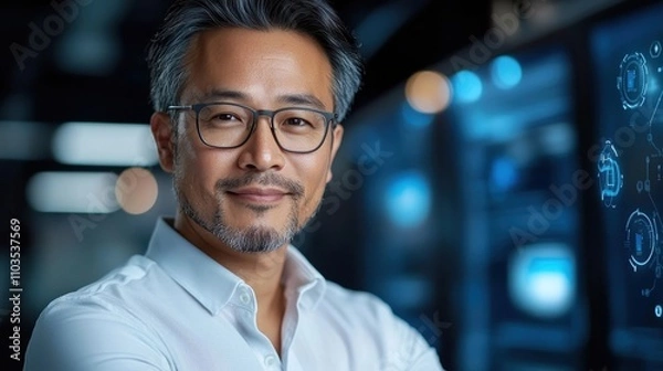 Fototapeta Smiling Asian Male Executive in Formal Attire Examining Digital Analytics and Data Visualization on Futuristic Virtual Interface