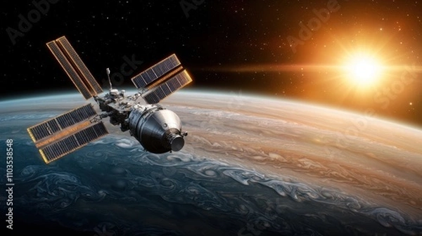 Fototapeta Orbiting satellite monitoring and communicating with Earth s atmosphere providing essential data for global weather climate and environmental research and