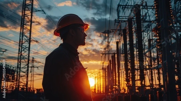 Fototapeta Worker in Safety Helmet at Electrical Substation During Sunset